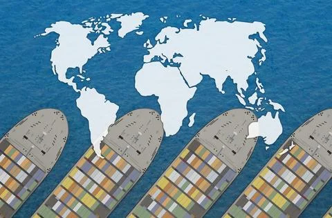 Earth map mockup on group container ship top view with copy space Stock Illustration