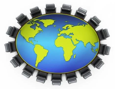 Earth map on table surrounded with seats. 3D rendering Illustrazione stock