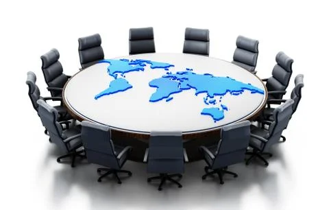 Earth map on table surrounded with seats. 3D rendering Illustrazione stock