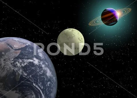 Earth Moon And Saturn With A New Sun Stock Illustration