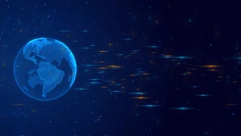 Earth network light flare visual with blue globe, dark space, golden streaks, an Stock Footage 340550230