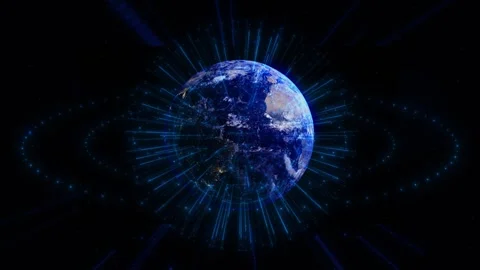Earth network rays space blue global connections, radiant data beams, and dark s Stock Footage 340556435