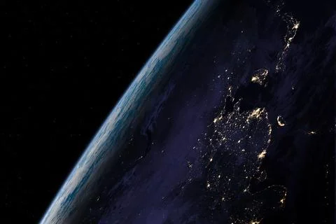 Earth at night in a space. Eastern hemisphere. Asia. Stock Photos