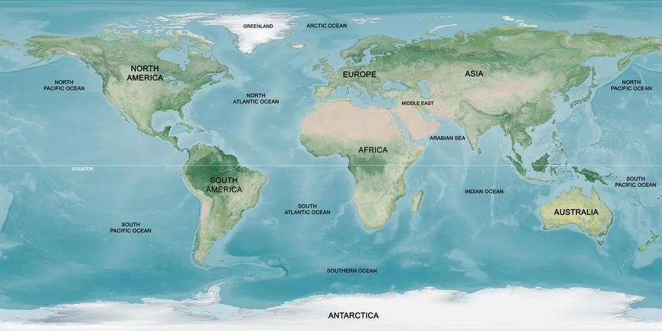 Earth Observatory Explorer Base Map, Earth flat view from space. Detailed World Foto stock