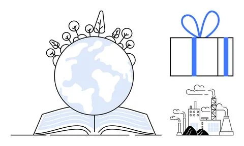 Earth on an open book surrounded by trees, beside a gift box, and a factory w Illustrazione stock