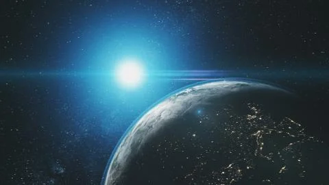 Earth orbit reverse blue sun radiance outer space Illustrazione stock