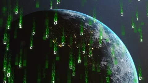 Earth orbiting Sun limb binary digits appearing atop, cascading and obscuring Video stock 332523703