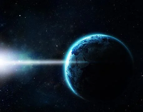 Earth, outer space and globe view of world and solar system in galaxy with stars Stock Photos