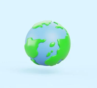 Earth planet cartoon 3d render icon. World, blue planet with oceans, green Ilustración de archivo