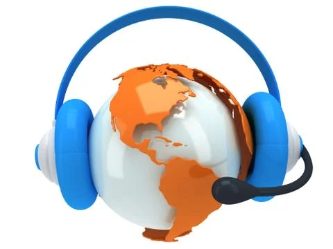 Earth planet globe with headset. 3D render. Stock Illustration