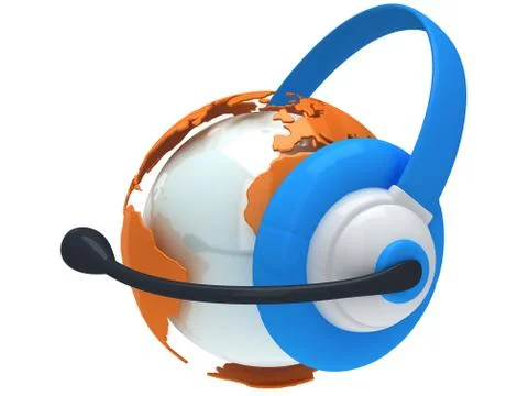 Earth planet globe with headset. 3D render. Illustrazione stock