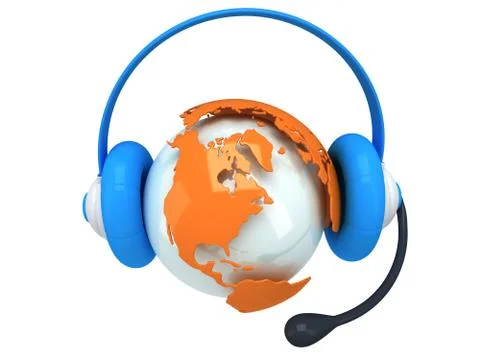 Earth planet globe with headset. 3D render. Stock Illustration
