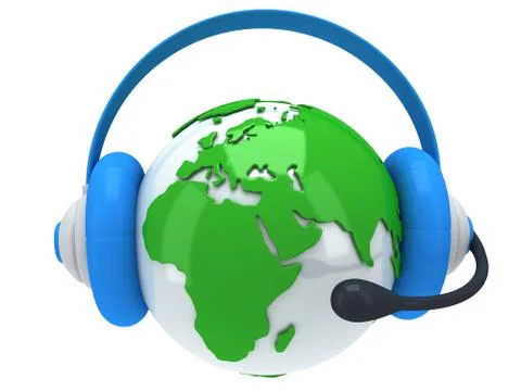 Earth planet globe with headset. 3D render. Stock Illustration