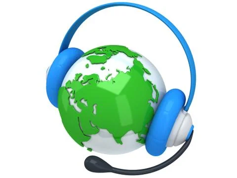 Earth planet globe with headset. 3D render. Stock Illustration