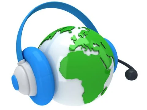 Earth planet globe with headset. 3D render. Stock Illustration