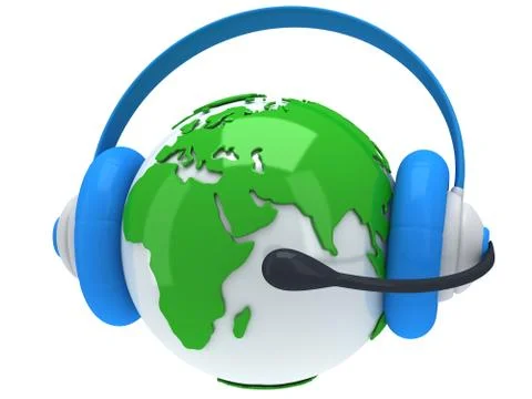 Earth planet globe with headset. 3D render. Stock Illustration