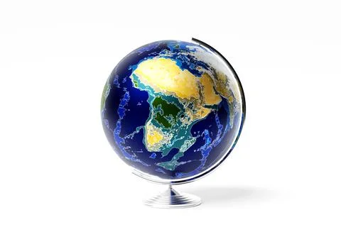 Earth planet model with world map on base isolated on white background. 3d il Illustrazione stock