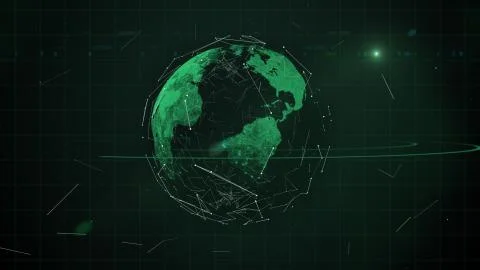 Earth polygon mesh planet floating in dark space surrounded by abstract line Stock Illustration