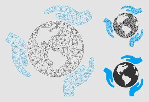 Earth Protection Vector Mesh Wire Frame Model and Triangle Mosaic Icon 스톡 일러스트