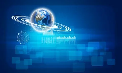 Earth with rectangles, graphs and wire-frame spheres Stock Illustration