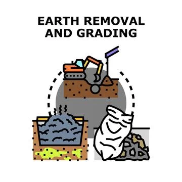 Earth removal and grading process illustration with construction machine Stock Illustration