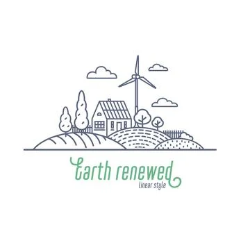 Earth renewed concept thin line vector illustration. Windmill and solar energy Stock Illustration