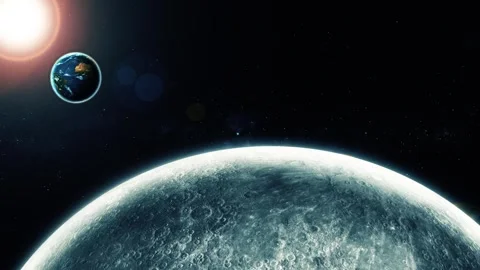 Earth rises in the dark space above a cratered moon surface, with bright su.. Vídeo Stock 337080348