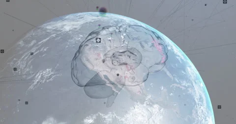 Earth rising while translucent brain wireframe rotating and network nodes Stock Footage 313329916