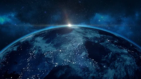 Earth rotating from dark to light in the space with sun  light and lens flares.  Stock Footage 108982662