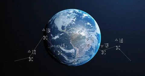 Earth rotating with data points and graphs image over space background Foto stock