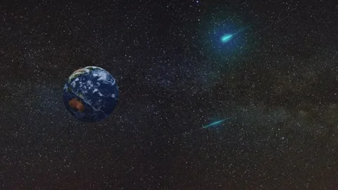 Earth Rotating in Deep Space with Bright Blue Comets and Star field. Stock Footage 327060510