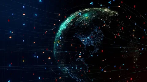 Earth rotating in global futuristic network with cryptocurrency around globe Stock Footage 83734666