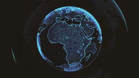 Earth rotating loop of rotating glowing dots stylised world globe with orbits Stockbeeldmateriaal 69126561