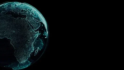 Earth rotating loop of rotating glowing dots stylised world globe with orbits Stockbeeldmateriaal 69170763