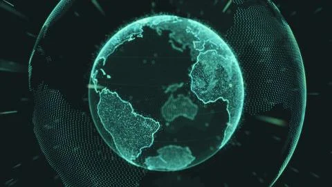 Earth rotating loop of rotating glowing dots stylised world globe with orbits Stock Illustration