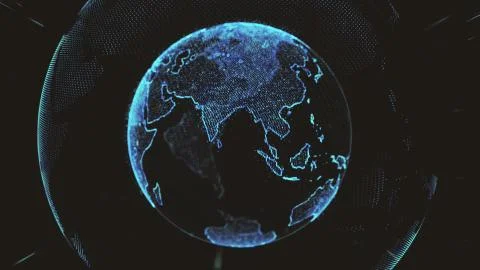 Earth rotating loop of rotating glowing dots stylised world globe with orbits Stock Illustration