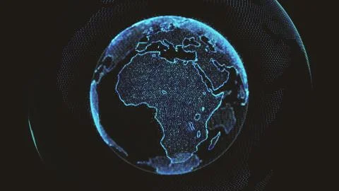 Earth rotating loop of rotating glowing dots stylised world globe with orbits Stock Illustration