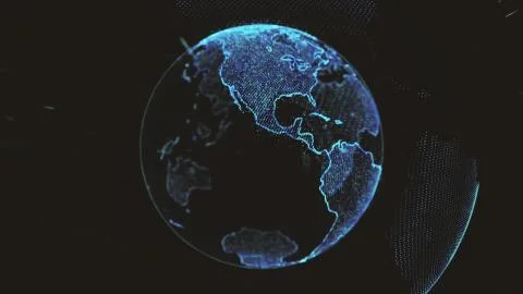 Earth rotating loop of rotating glowing dots stylised world globe with orbits Illustrazione stock