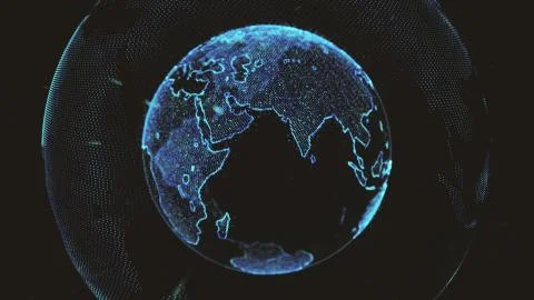 Earth rotating loop of rotating glowing dots stylised world globe with orbits Stock Illustration