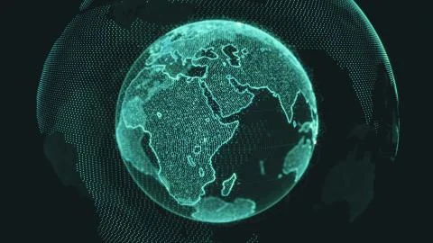 Earth rotating loop of rotating glowing dots stylised world globe with orbits Stock Illustration