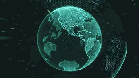 Earth rotating loop of rotating glowing dots stylised world globe with orbits Stock Illustration