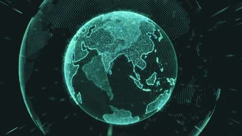 Earth rotating loop of rotating glowing dots stylised world globe with orbits Stock Illustration