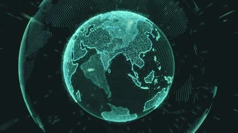 Earth rotating loop of rotating glowing dots stylised world globe with orbits Stock Illustration