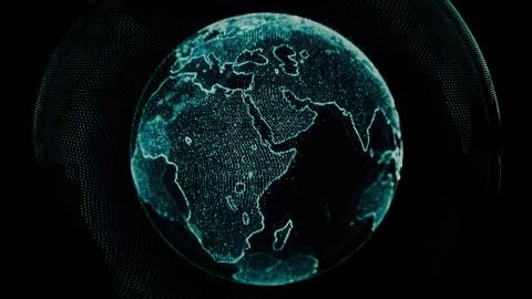 Earth rotating loop of rotating glowing dots stylised world globe with orbits Stock Illustration