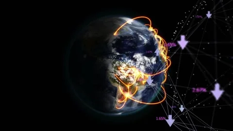 Earth rotating, right-side network appearing, sending orange arcs lighting hubs 스톡 동영상 329700897