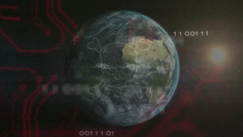 Earth rotating sending red circuits, binary scanning forming skull crossbones Stock Footage 312657710