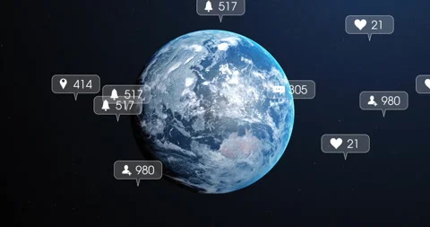 Earth rotating in space adding bubbles updating counts and drifting to Stock Footage 314743687