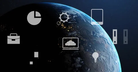 Earth rotating starting flat design icons animating, launching rocket, Stock Footage 310140567