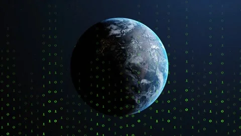 Earth rotating while falling green binary digits starting data curtain Video stock 332405818