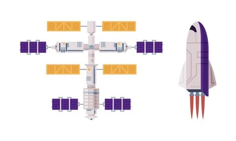 Earth satellite and rocket launch. Space industry exploration vector Stock Illustration